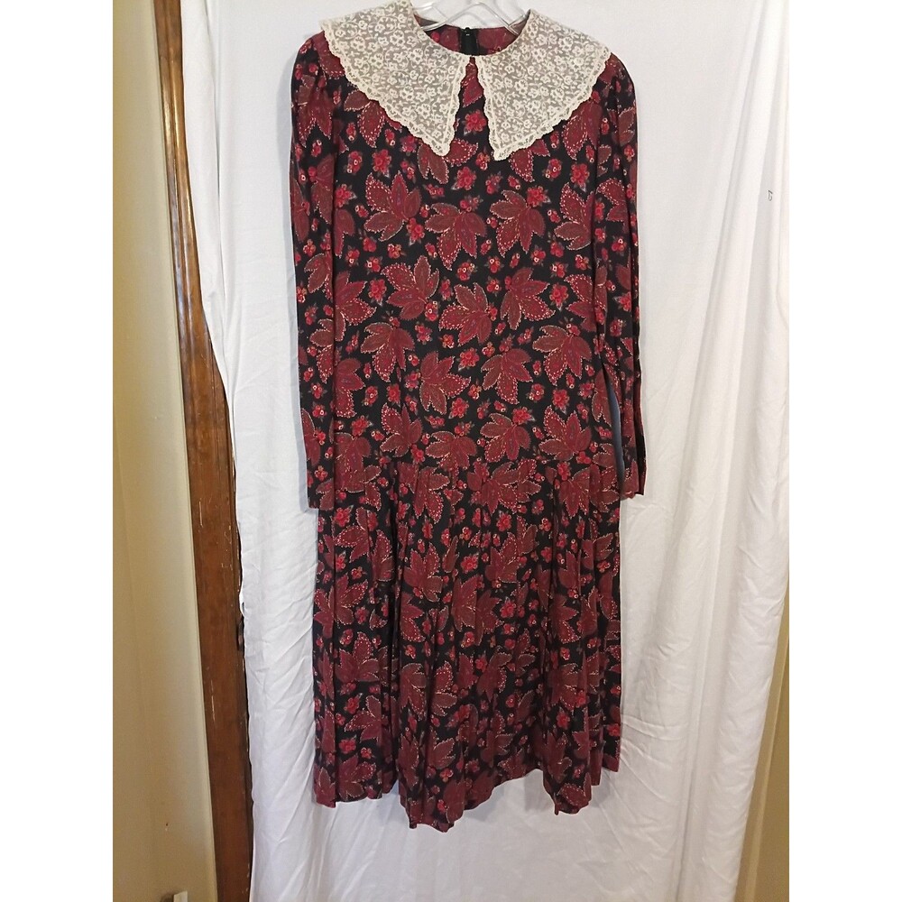 Vintage Laura Ashley Victorian Red Floral Drop Waist Dress US 14 Cotton Wool